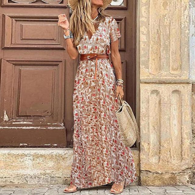 Sexy V-neck Short Sleeve Belted Maxi Dress InsStreet