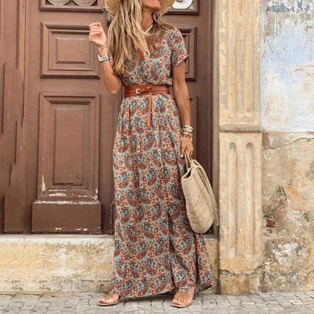 Sexy V-neck Short Sleeve Belted Maxi Dress InsStreet