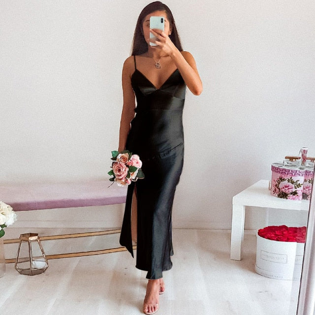 Deep V-Neck Satin Side Split Elegant Dresses InsStreet