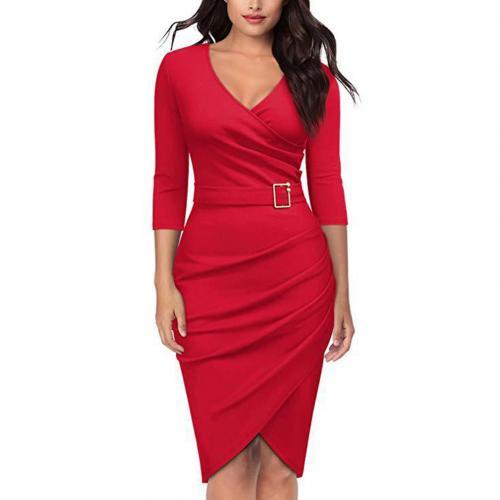 Solid Color V Neck 3/4 Sleeve Pencil Dress InsStreet