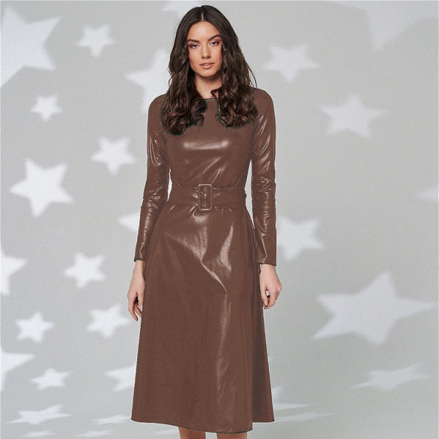 Women Long Sleeve Slim Fit PU Dress InsStreet