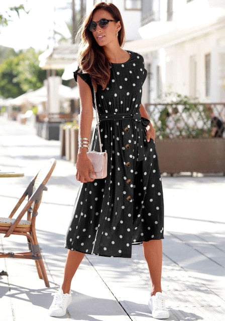 Fashion O Neck Print Polka Dot Dress InsStreet