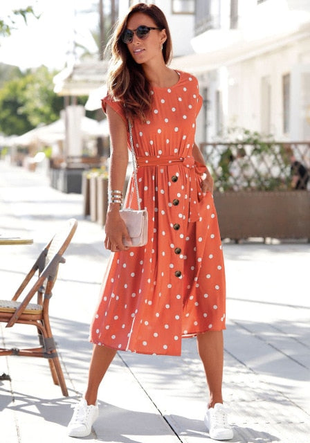 Fashion O Neck Print Polka Dot Dress InsStreet