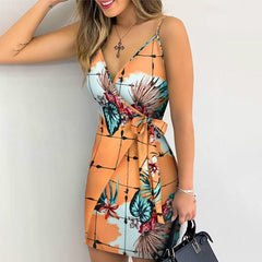 Holiday Floral Leaves Print V-neck Mini Dress InsStreet