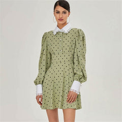 Lantern Sleeve Polka Dot A-Line Dress InsStreet