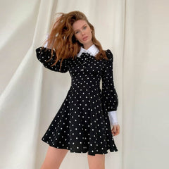 Lantern Sleeve Polka Dot A-Line Dress InsStreet