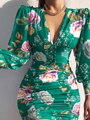 Sexy Puff Lantern Sleeve Plunge Floral Print Dress InsStreet