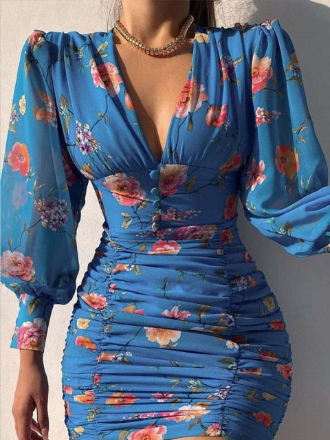 Sexy Puff Lantern Sleeve Plunge Floral Print Dress InsStreet