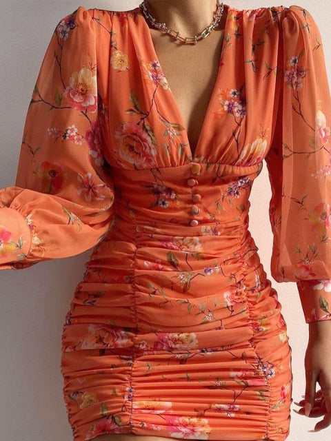 Sexy Puff Lantern Sleeve Plunge Floral Print Dress InsStreet