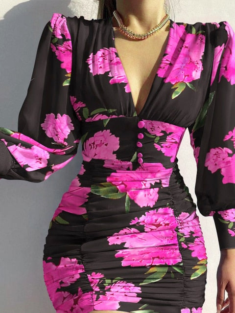 Sexy Puff Lantern Sleeve Plunge Floral Print Dress InsStreet