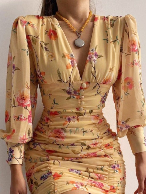 Sexy Puff Lantern Sleeve Plunge Floral Print Dress InsStreet