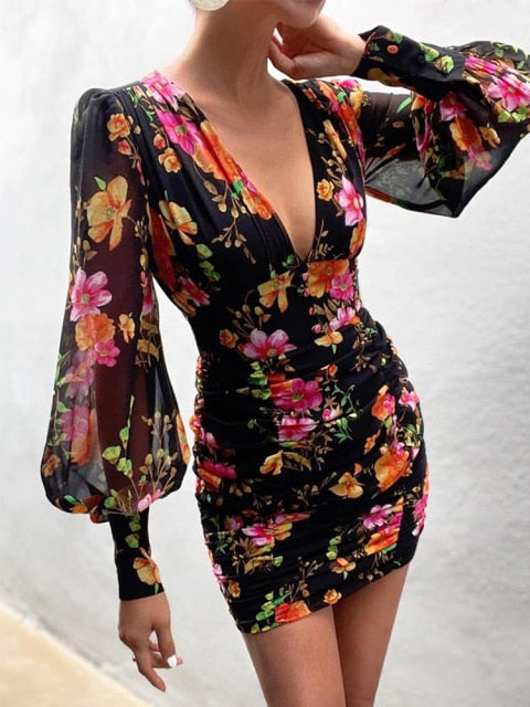 Sexy Puff Lantern Sleeve Plunge Floral Print Dress InsStreet