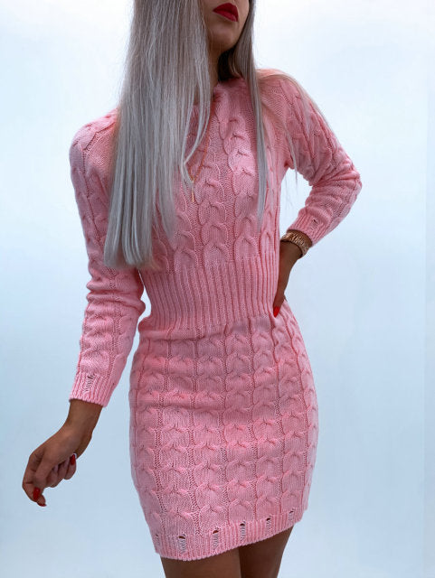 Solid Twist Temperament Waist Sweater Dress InsStreet