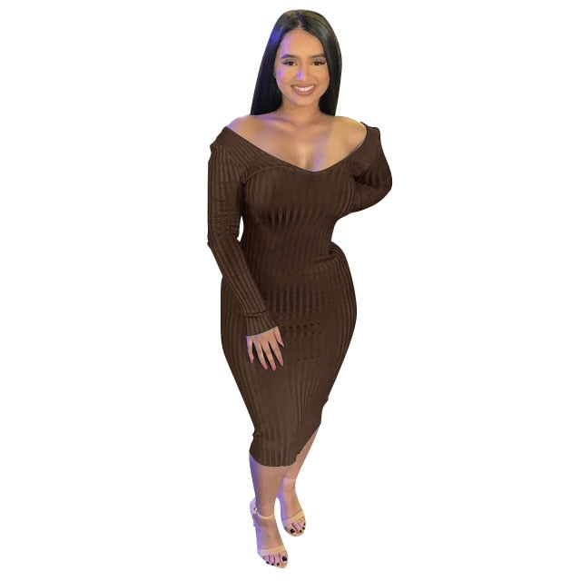 V Neck Sexy Slim Elastic Basic Long Bodycon Dress InsStreet