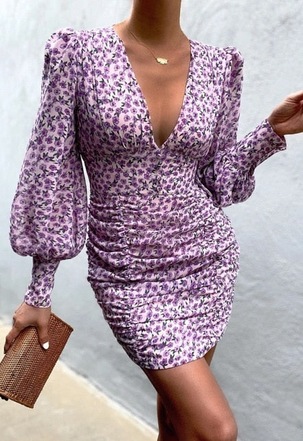 Sexy Puff Lantern Sleeve Plunge Floral Print Dress InsStreet