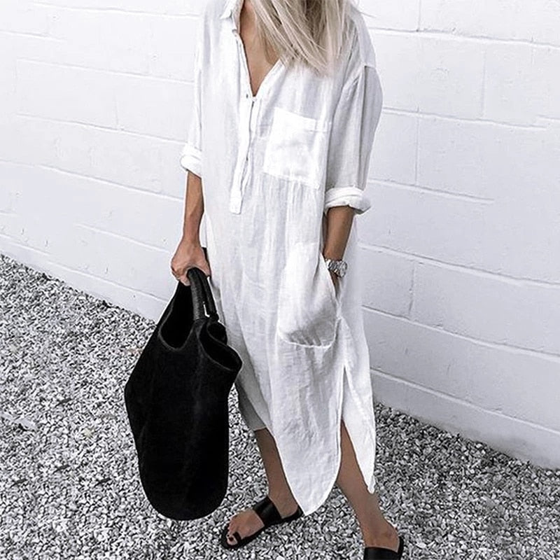 Solid Long Sleeve Side Split Long Dress InsStreet