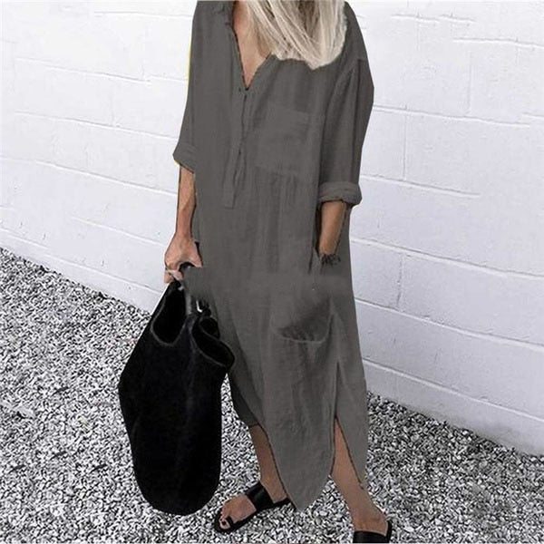 Solid Long Sleeve Side Split Long Dress InsStreet