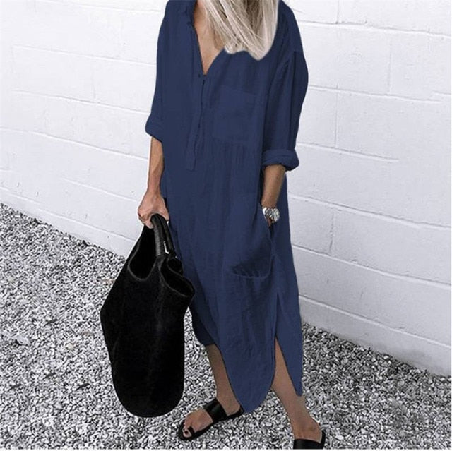 Solid Long Sleeve Side Split Long Dress InsStreet