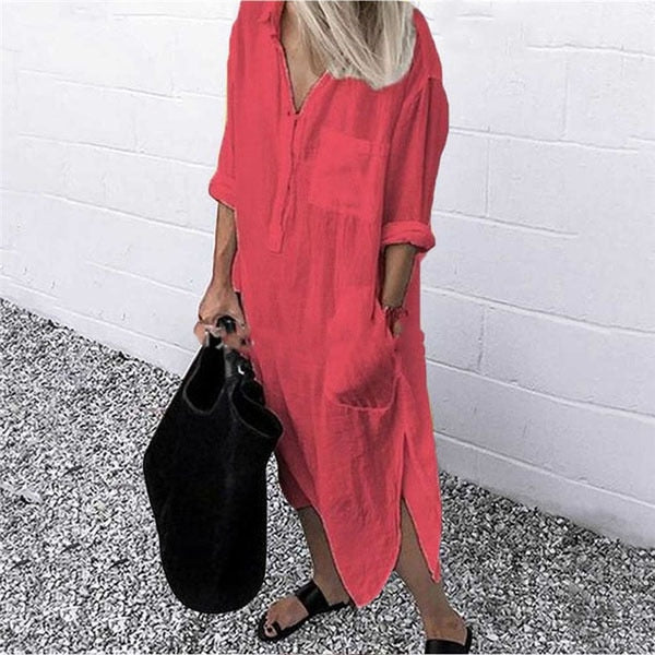 Solid Long Sleeve Side Split Long Dress InsStreet