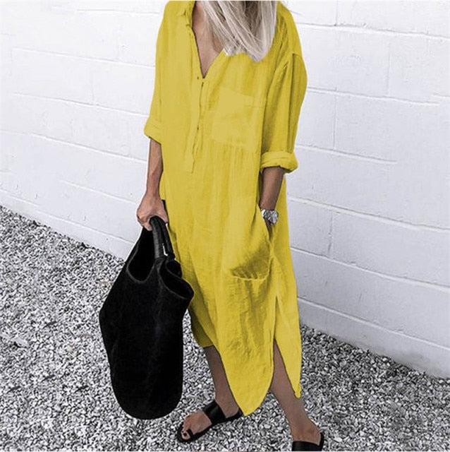 Solid Long Sleeve Side Split Long Dress InsStreet