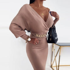 Sexy Deep V Neck Office Lady Long Sleeve Dress InsStreet