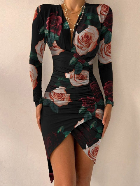 Sexy Puff Lantern Sleeve Plunge Floral Print Dress InsStreet