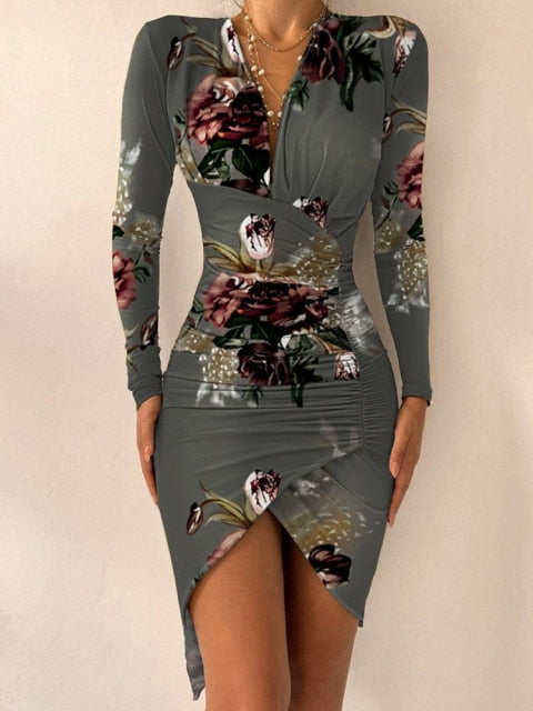 Sexy Puff Lantern Sleeve Plunge Floral Print Dress InsStreet