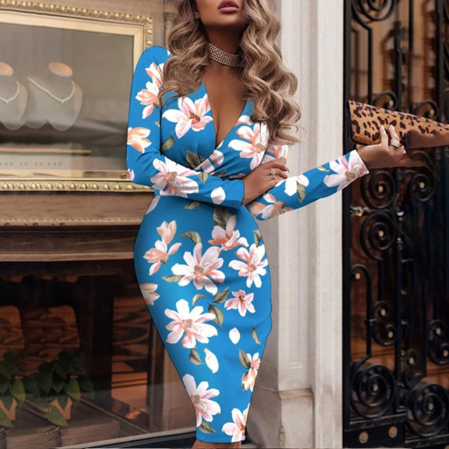 Fashion Print Sexy V-neck Slim Pencil Dresses InsStreet