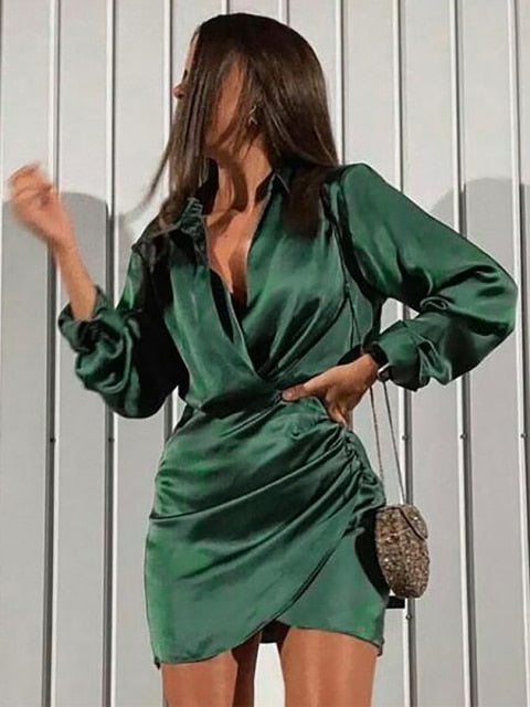 Long Sleeve V Neck Ruched Wrap Mini Dress InsStreet