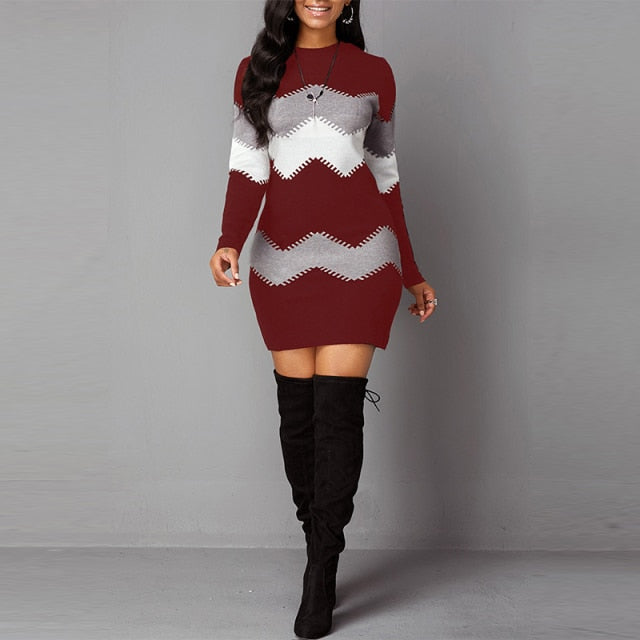 Women Autumn Elegant O-Neck Wave Striped Mini Dress InsStreet