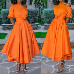 A Line Pleated Orange Elegant Dress InsStreet