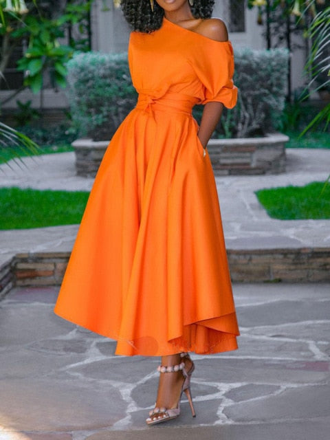 A Line Pleated Orange Elegant Dress InsStreet