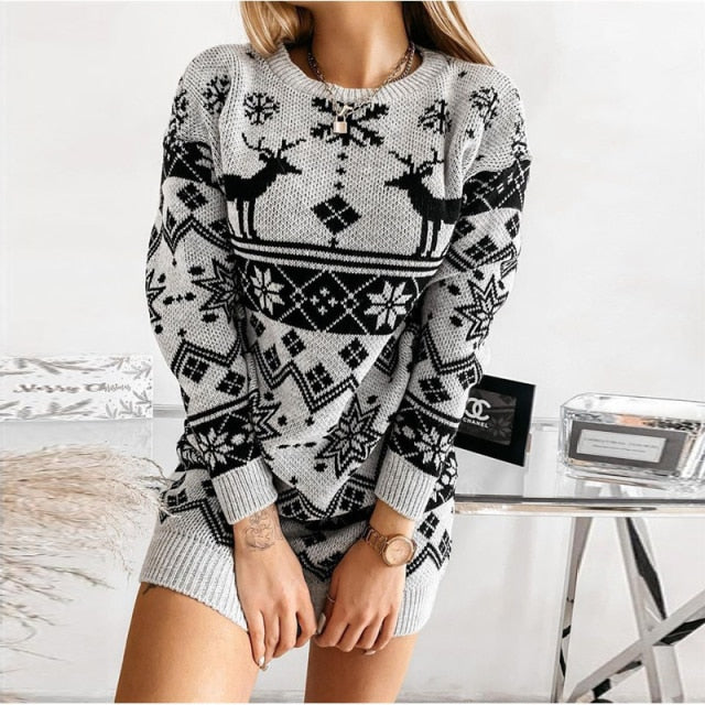 Casual O-Neck Long Sleeve Christmas Sweater Dress InsStreet