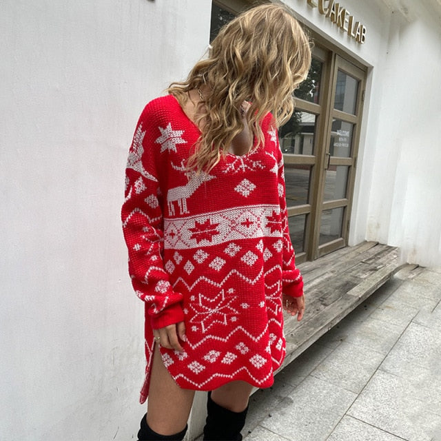 Casual O-Neck Long Sleeve Christmas Sweater Dress InsStreet