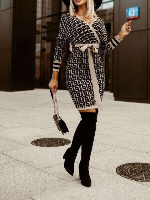 V-Neck Print Batwing Sleeve Skinny Wrap Midi Dress InsStreet