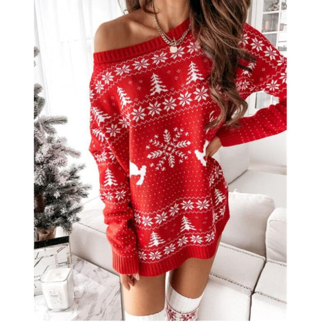 Christmas Snowflake Fawn Print Sweater Dress InsStreet