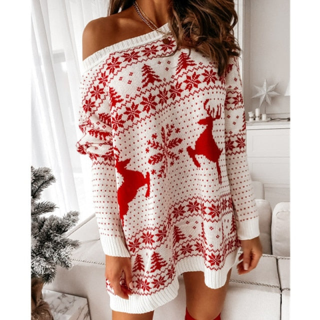 Christmas Snowflake Fawn Print Sweater Dress InsStreet