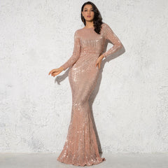 Elegant O Neck Long Sleeve Sequin Maxi Dress InsStreet