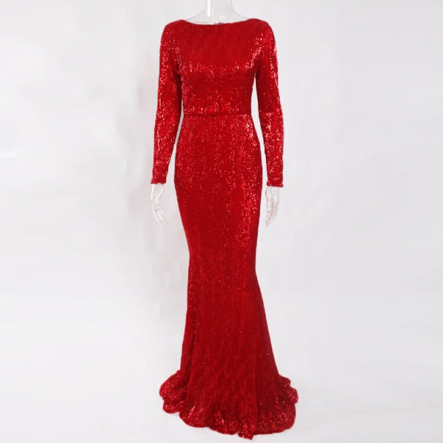 Elegant O Neck Long Sleeve Sequin Maxi Dress InsStreet