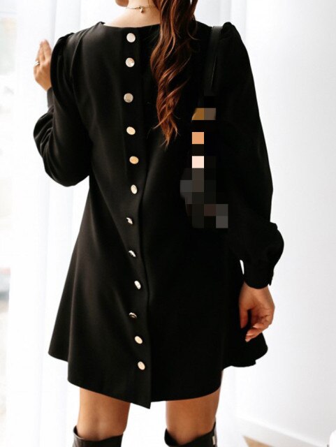 Long Sleeve Loose O-neck Button Solid A-line Elegant Dresses InsStreet