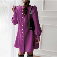 Long Sleeve Loose O-neck Button Solid A-line Elegant Dresses InsStreet