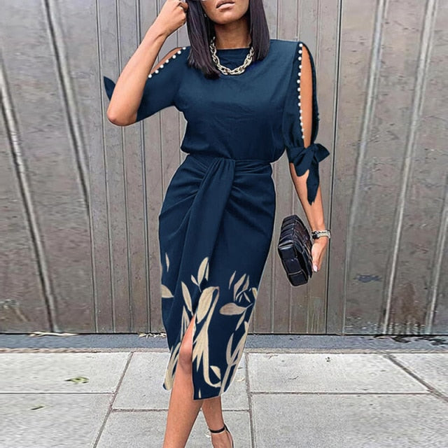 Lady Elegant O Neck Draped Slit Long Dress InsStreet