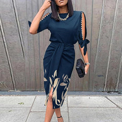 Lady Elegant O Neck Draped Slit Long Dress InsStreet