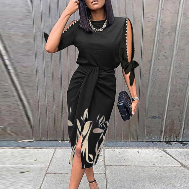 Lady Elegant O Neck Draped Slit Long Dress InsStreet