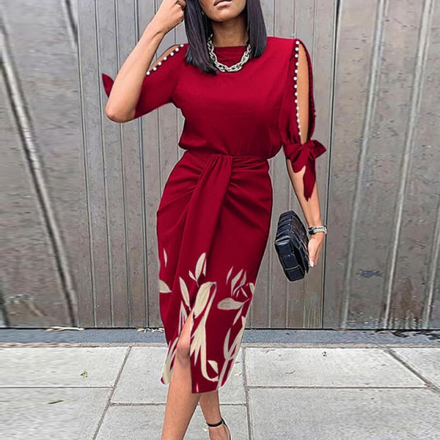 Lady Elegant O Neck Draped Slit Long Dress InsStreet