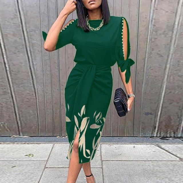 Lady Elegant O Neck Draped Slit Long Dress InsStreet