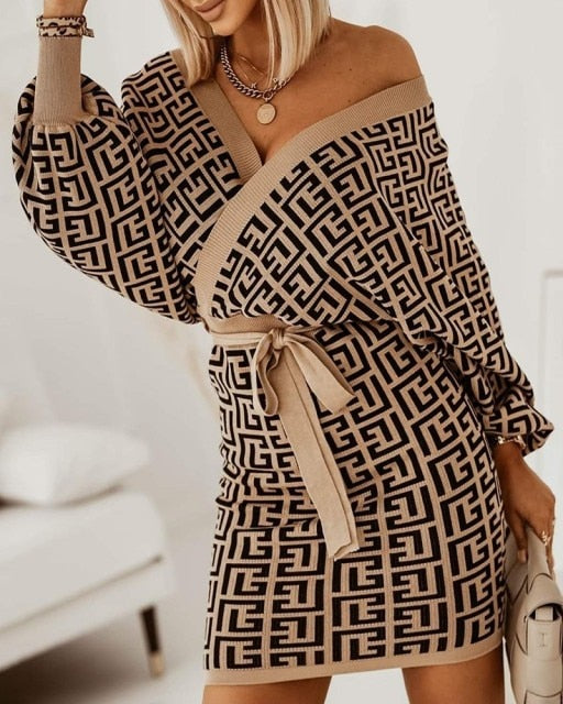 V-Neck Print Batwing Sleeve Skinny Wrap Midi Dress InsStreet