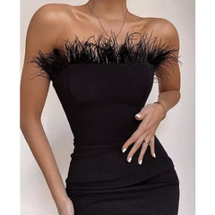 Sexy Strapless Backless Feather Black Midi Dress InsStreet