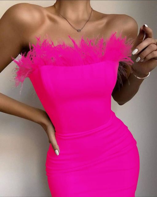 Sexy Strapless Backless Feather Black Midi Dress InsStreet