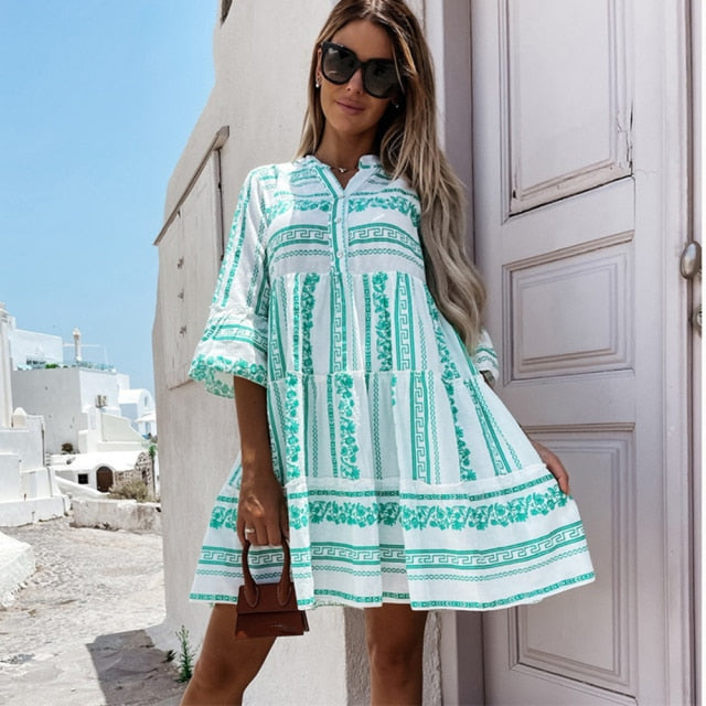 Casual V-neck High Waist Green Mini Dresses InsStreet